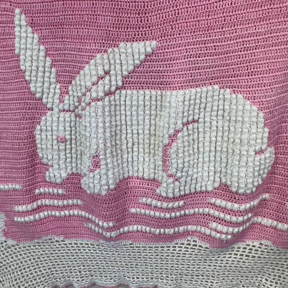 Handmade Vintage Crochet Baby Blanket Pink White Popcorn Stitch Bunny Rabbit